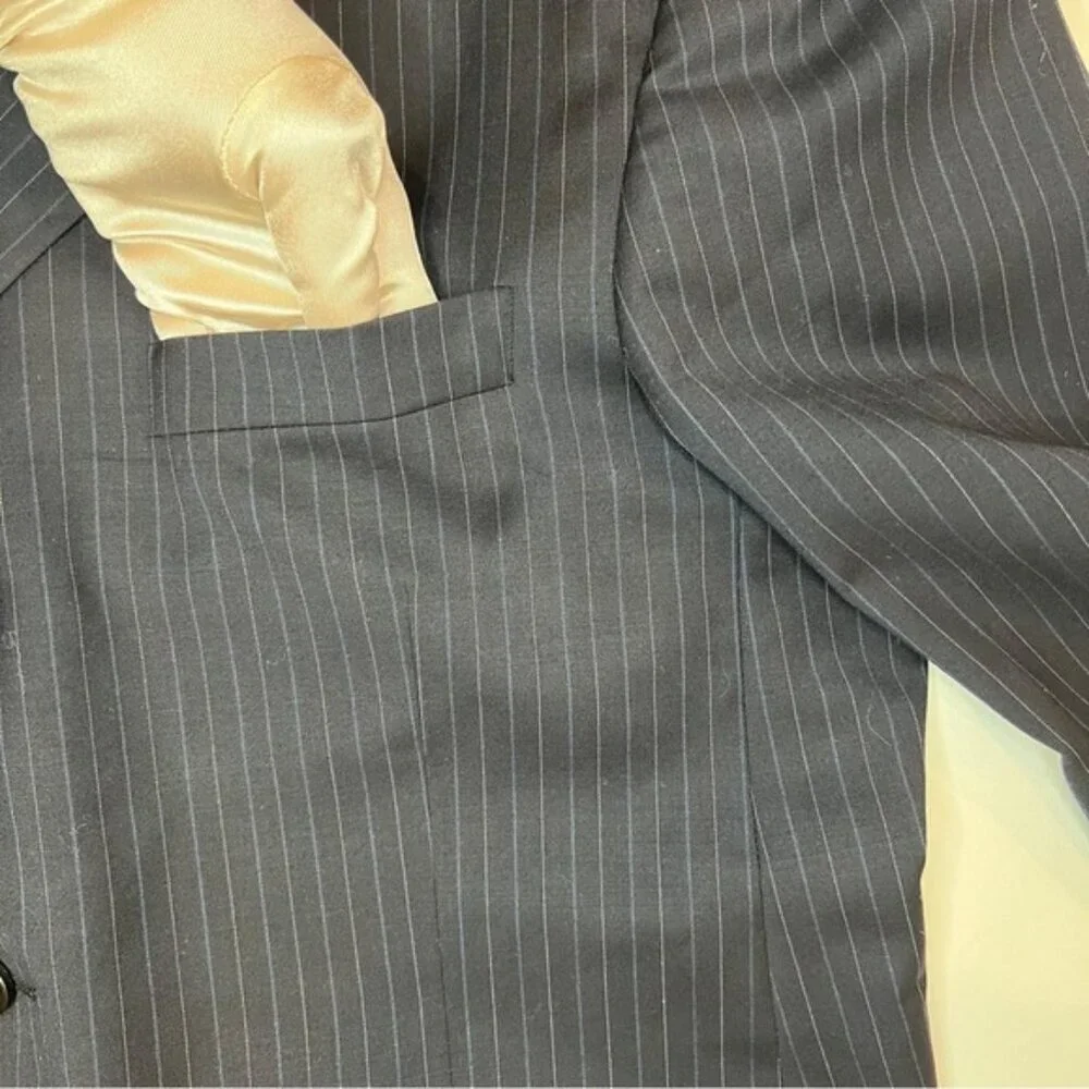 BURBERRY LONDON 100% WOOL Navy Blue Striped Suit Blazer MDL LBS41‎ Size 42 REG